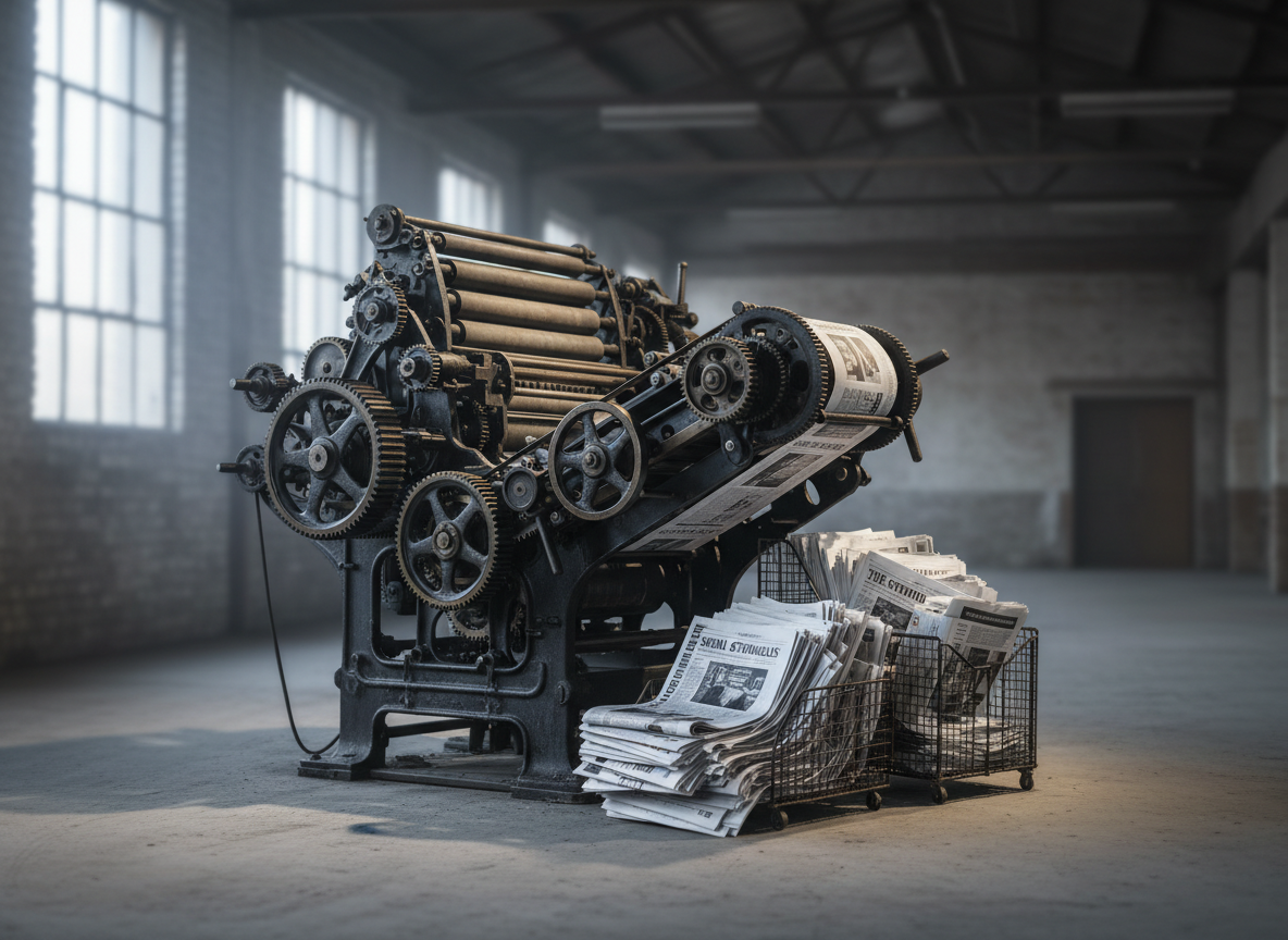 A heavy, weathered newspaper printing press made of dark steel and worn brass, its intricate gears and rollers frozen mid-motion, stands in an empty industrial room. Stacks of freshly printed broadsheets, edges slightly curled, spill from wire racks, headlines about social struggles and the commons visible but not readable. Cold, diffused daylight filters through high warehouse windows, casting long, soft-edged shadows and glints on oily metal surfaces. Photographic realism, eye-level composition with a slight three-quarter angle, sharp focus on the press and shallow depth of field softening the distant walls. The mood is contemplative and serious, evoking an old world of mass media being questioned by critical, postcapitalist thought.