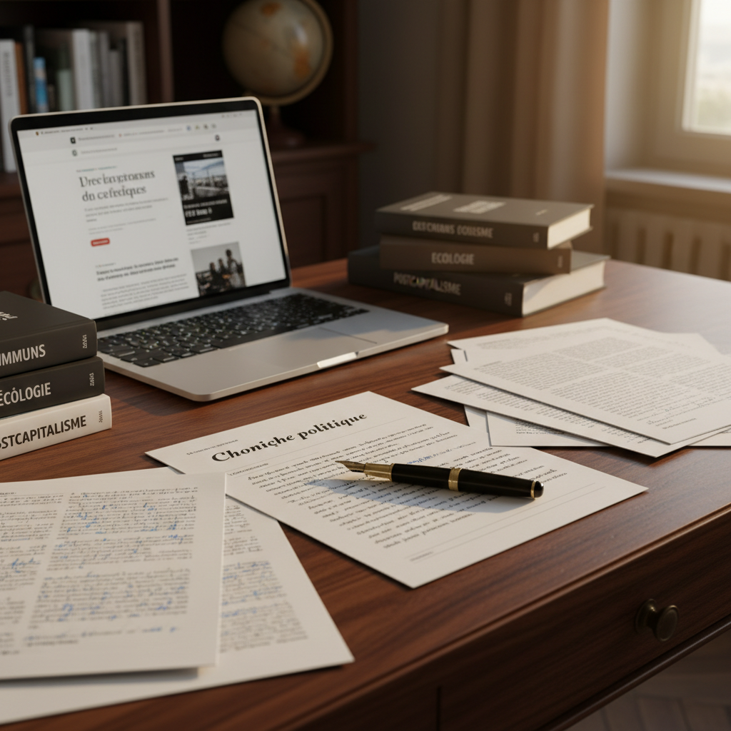 An elegant wooden writing desk with a deep walnut finish, its surface covered in annotated printed articles, open notebooks, and a vintage fountain pen resting on the margin of a page titled “Chronique politique”. A laptop with a minimalist news site layout glows softly, surrounded by neatly stacked books labeled with themes like “communs”, “écologie”, and “postcapitalisme”. Late-afternoon natural light enters from an unseen window, creating warm highlights on the polished wood and gentle shadows between the papers. Photographic realism with a slightly elevated, three-quarters composition and shallow depth of field, keeping the foreground documents crisp and the background shelves subtly blurred. The mood is thoughtful and sophisticated, suggesting meticulous analysis and slow, careful journalism.